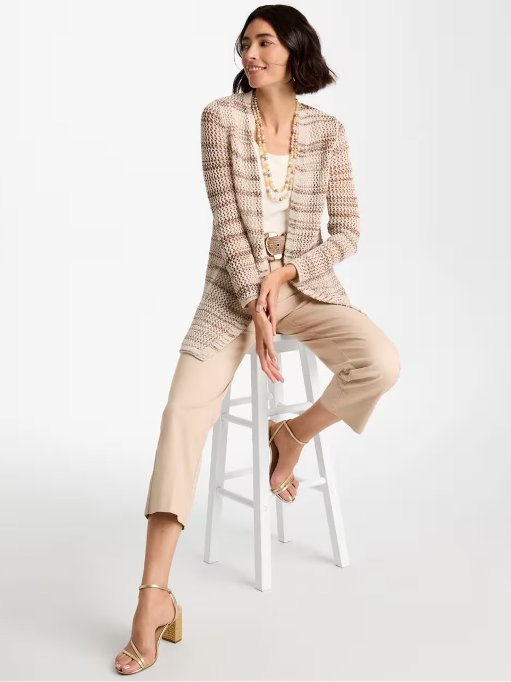 CHICO’S NWT 1 Pointelle Metallic Cardigan in Cattail Brown Taupe Open Stitch M